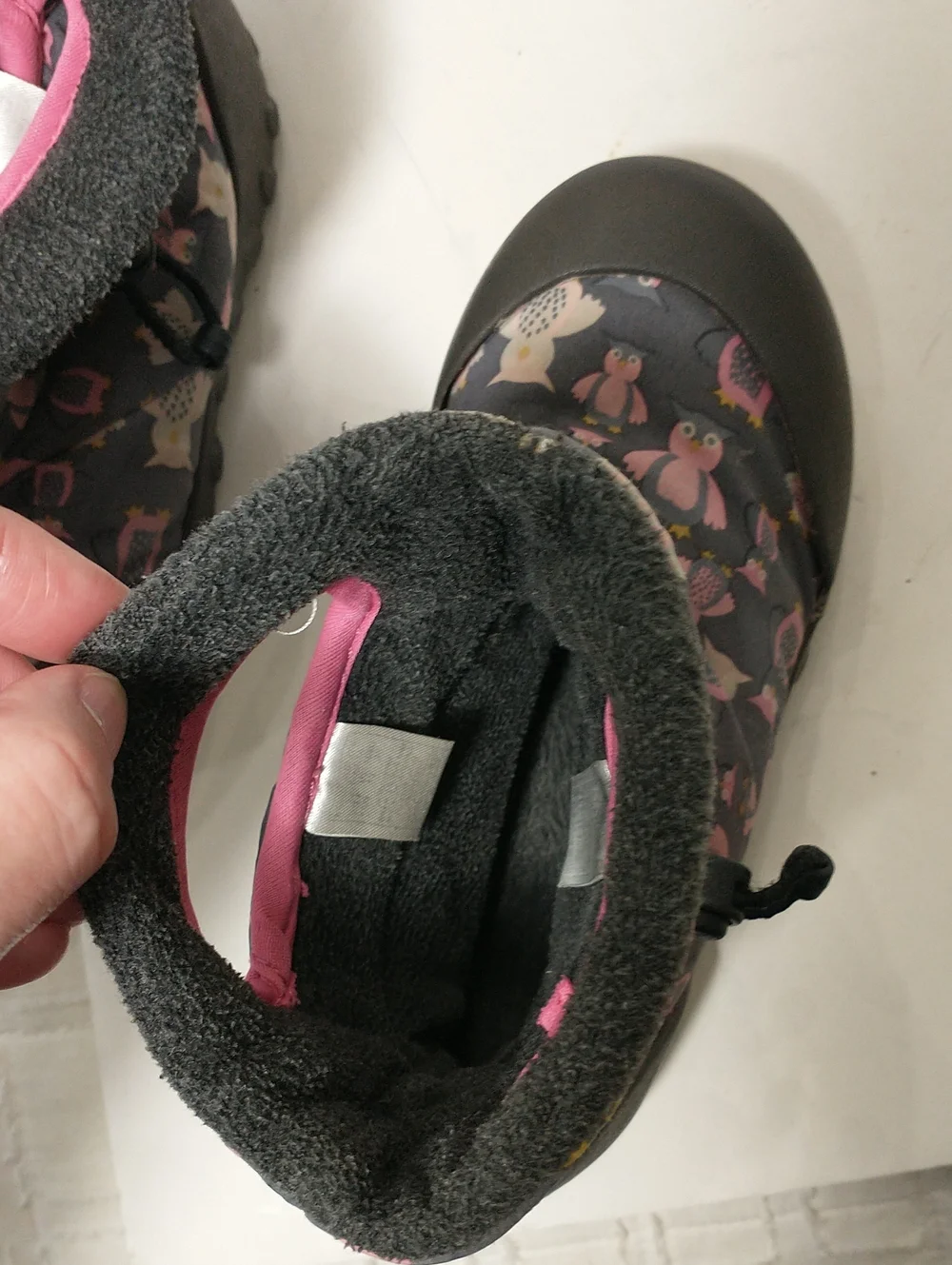 Bogs Winter Snow Boots, Owls, Pink / Gray, Size 13, Rated -4 F, Adjustable Cord
